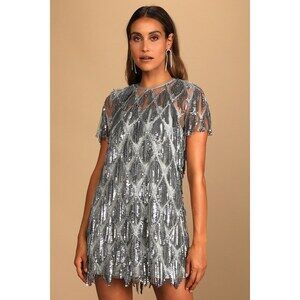 Lulus On The Dance Floor Grey Sequin Fringe Short Sleeve Shift Dress - Size M